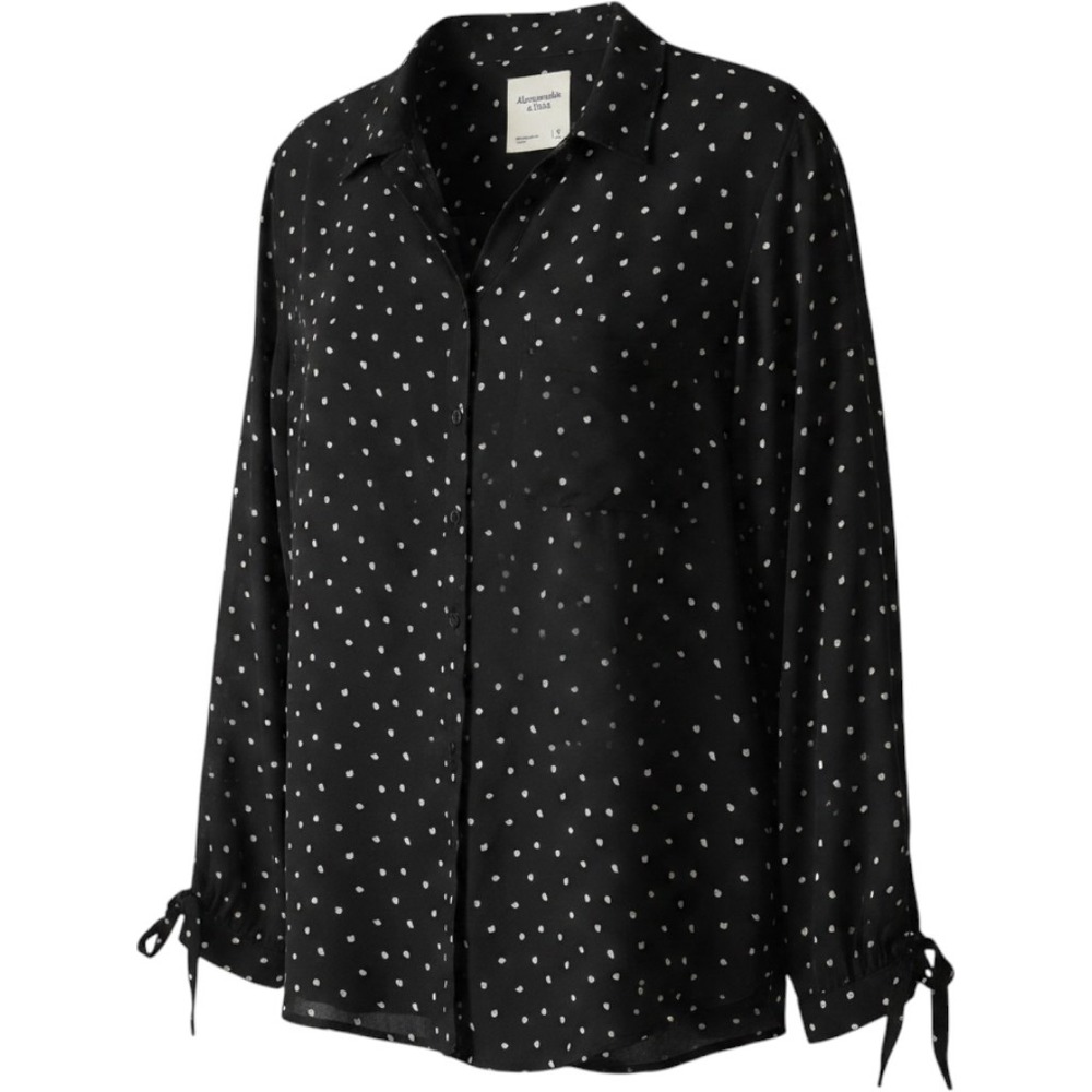 Abercrombie & Fitch Polka Dot Button Down Blouse Black White Tie Cuff Medium